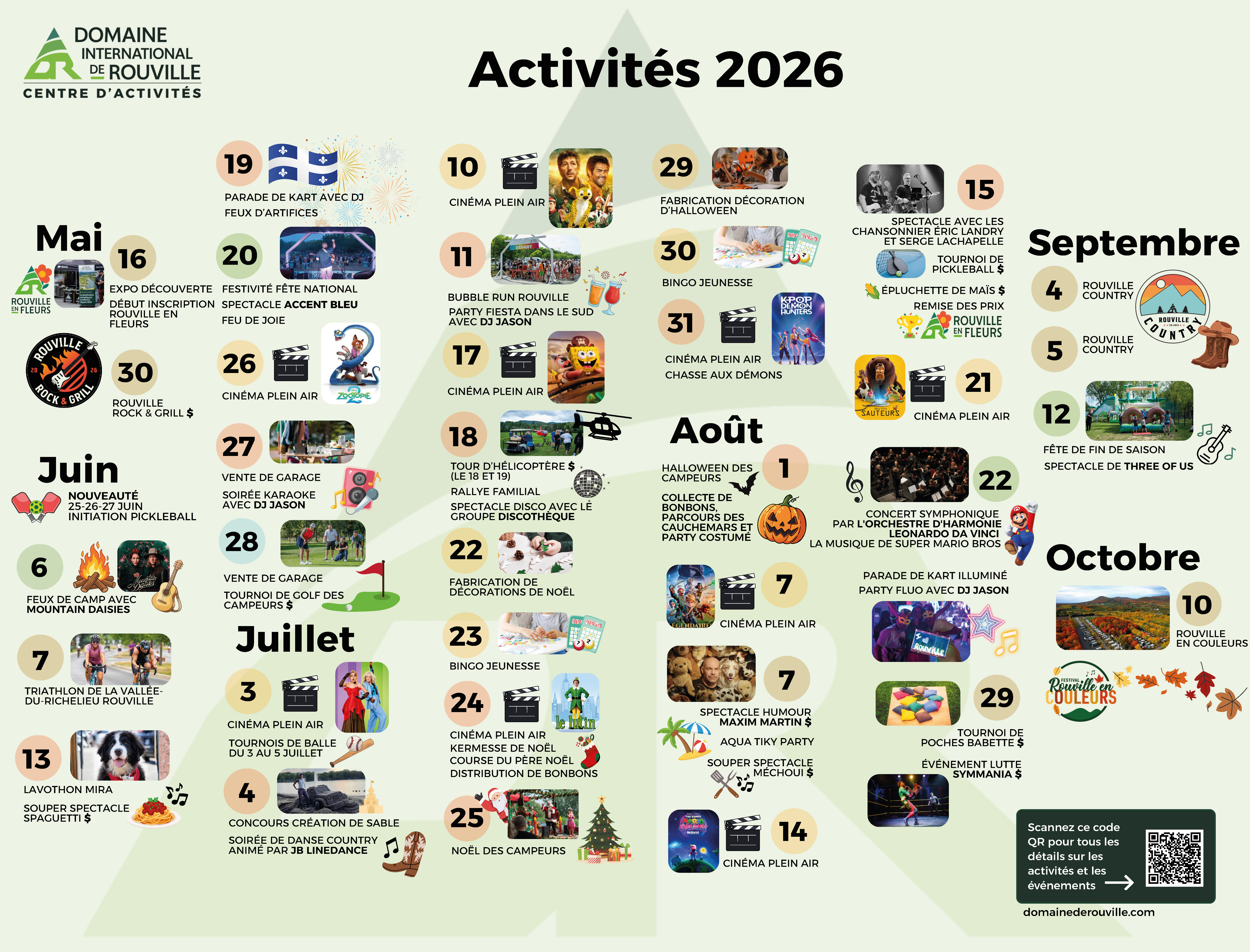 Calendrier des activités du Domaine International de Rouville