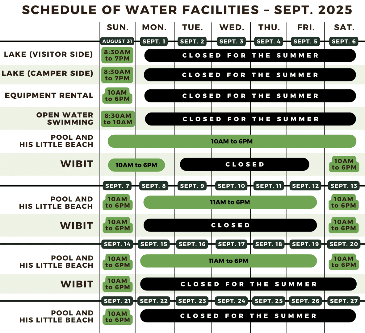 Horaire des plans d'eau