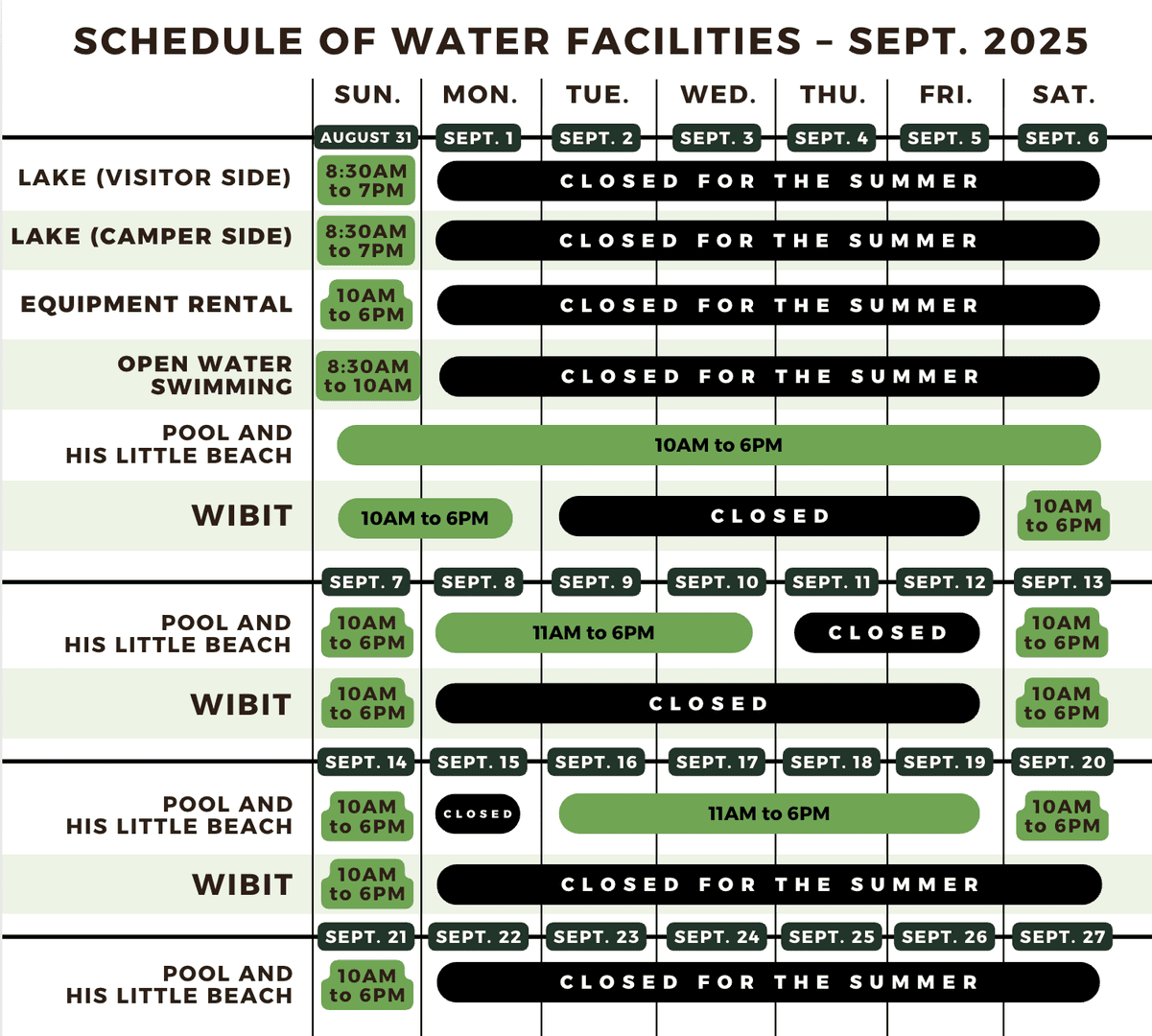 Horaire des plans d'eau