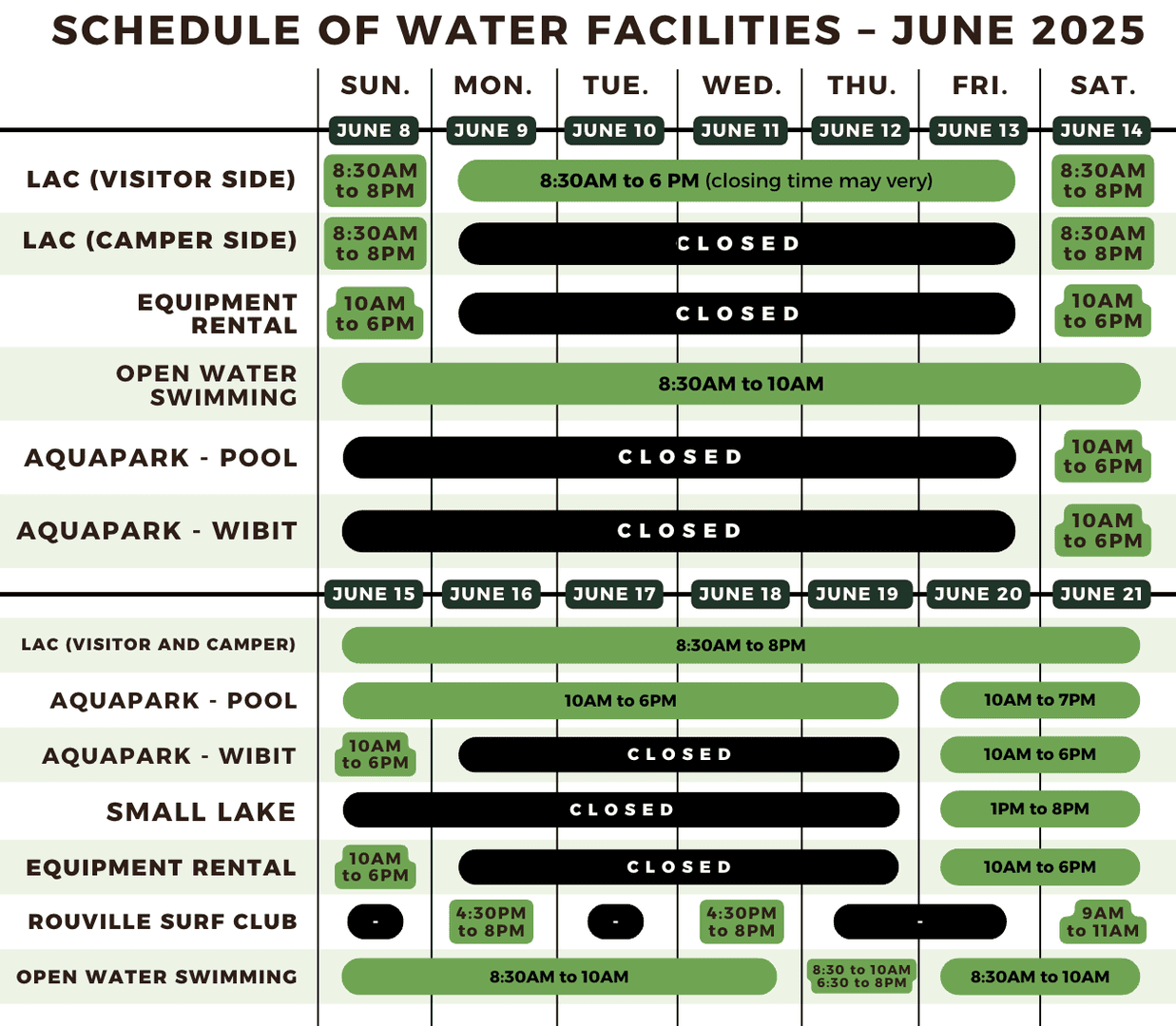 Horaire des plans d'eau